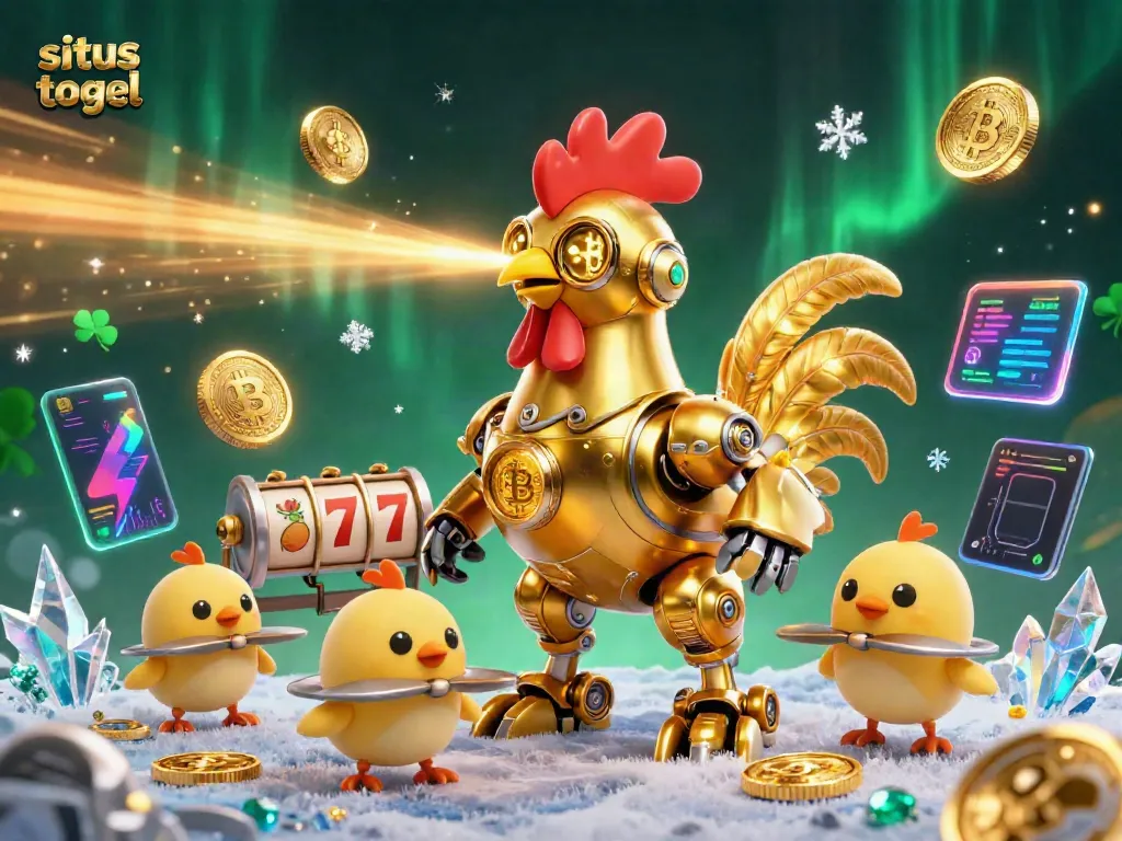 Engage with situs togel through a vibrant 3D illustration of a golden rooster and baby chick drones amidst exciting gambling elements.