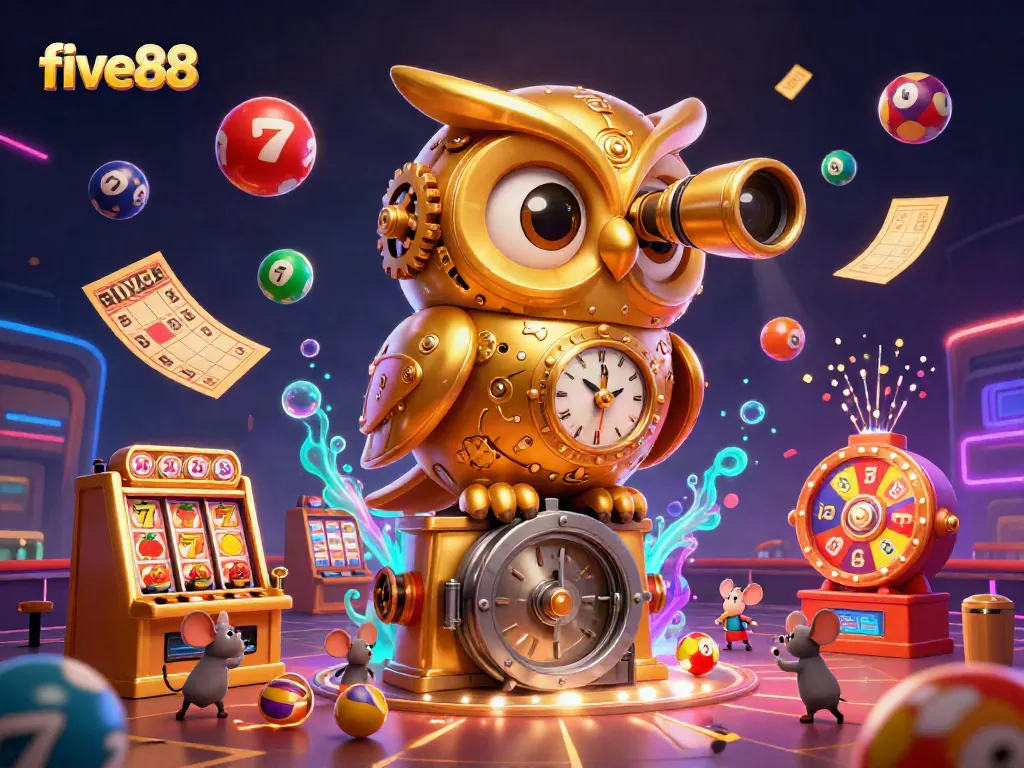 Bet on five88 with vibrant illustrations of colorful slot machines, lottery balls, and a golden owl overseeing the casino.