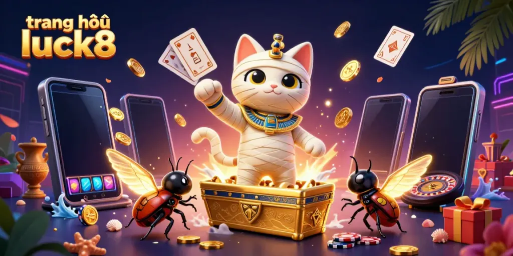 Engage in epic wins at trang chủ luck8 with vibrant gaming experiences featuring animated mummy, scarab companion, and glowing slot games.