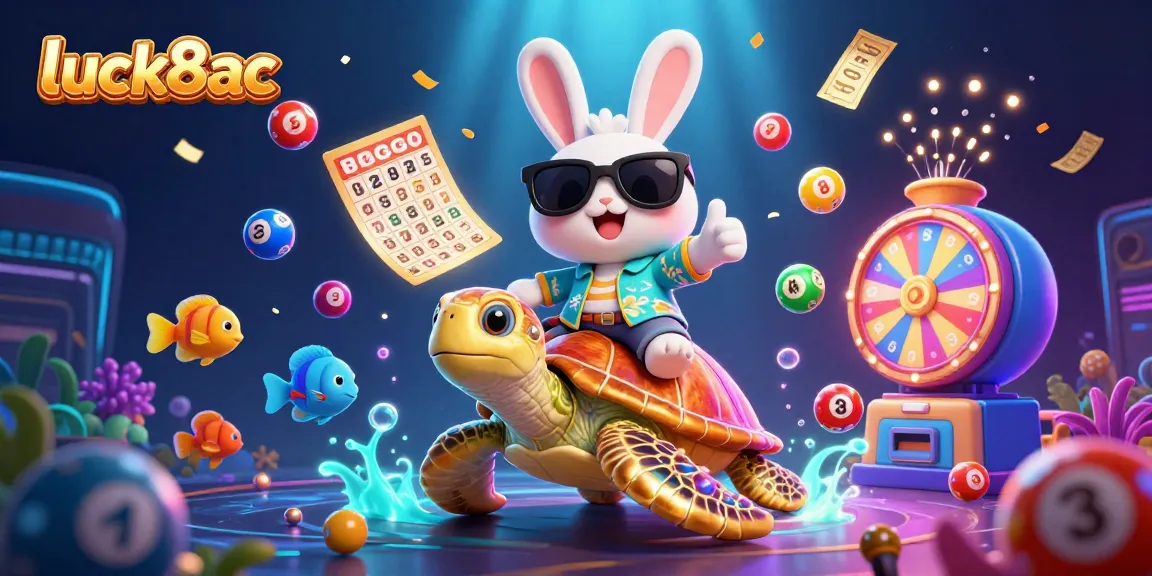 Luck8ac showcases an exciting underwater scene with a charming rabbit and turtle amidst vibrant lottery elements.