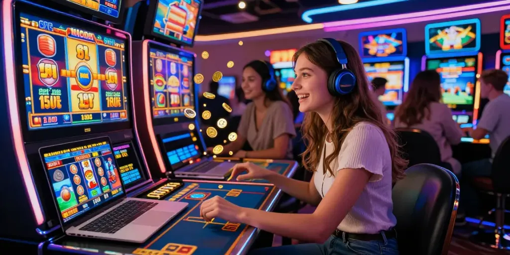 Diverse players enjoying slot gacor games in a lively online casino atmosphere with colorful elements.