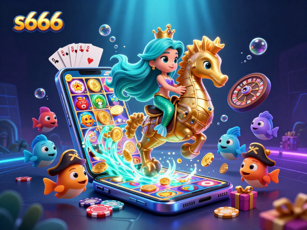 S666 unveils vibrant slot gaming thrills with a mermaid princess riding a seahorse.