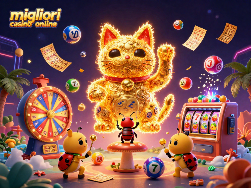 Vivi i migliori casino online con una scena di fortuna che include simboli di giochi e una gatta fortunata.