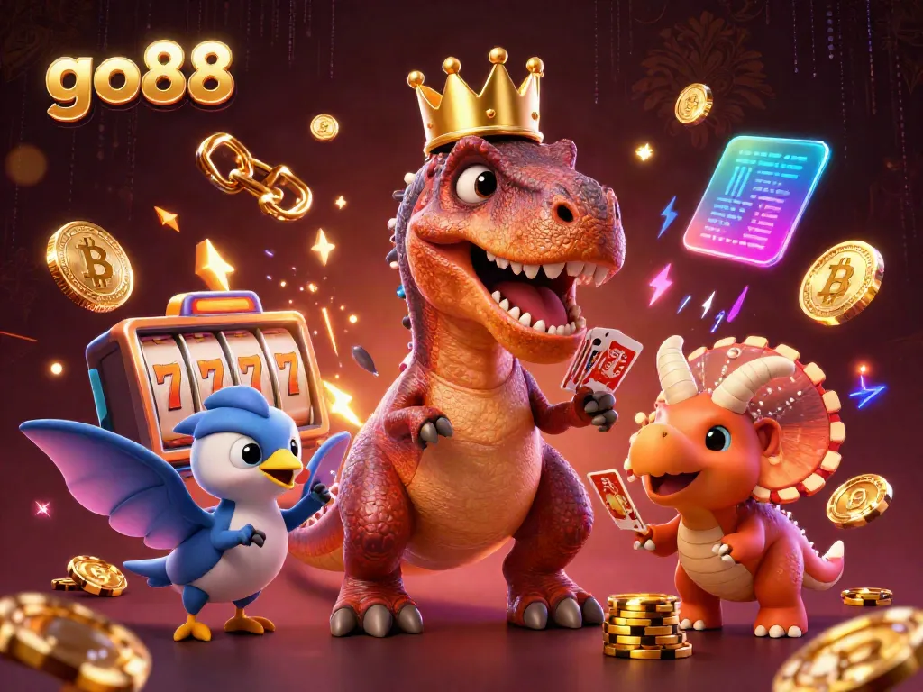 go88 depicts a T-Rex shuffling cards with a pterodactyl assistant, featuring vibrant casino elements.