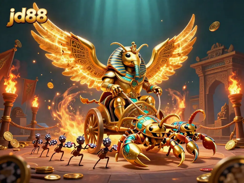 Engage with jd88 in an exciting 3D casino scene featuring a golden scarab and scorpions surrounded by dynamic gaming elements.