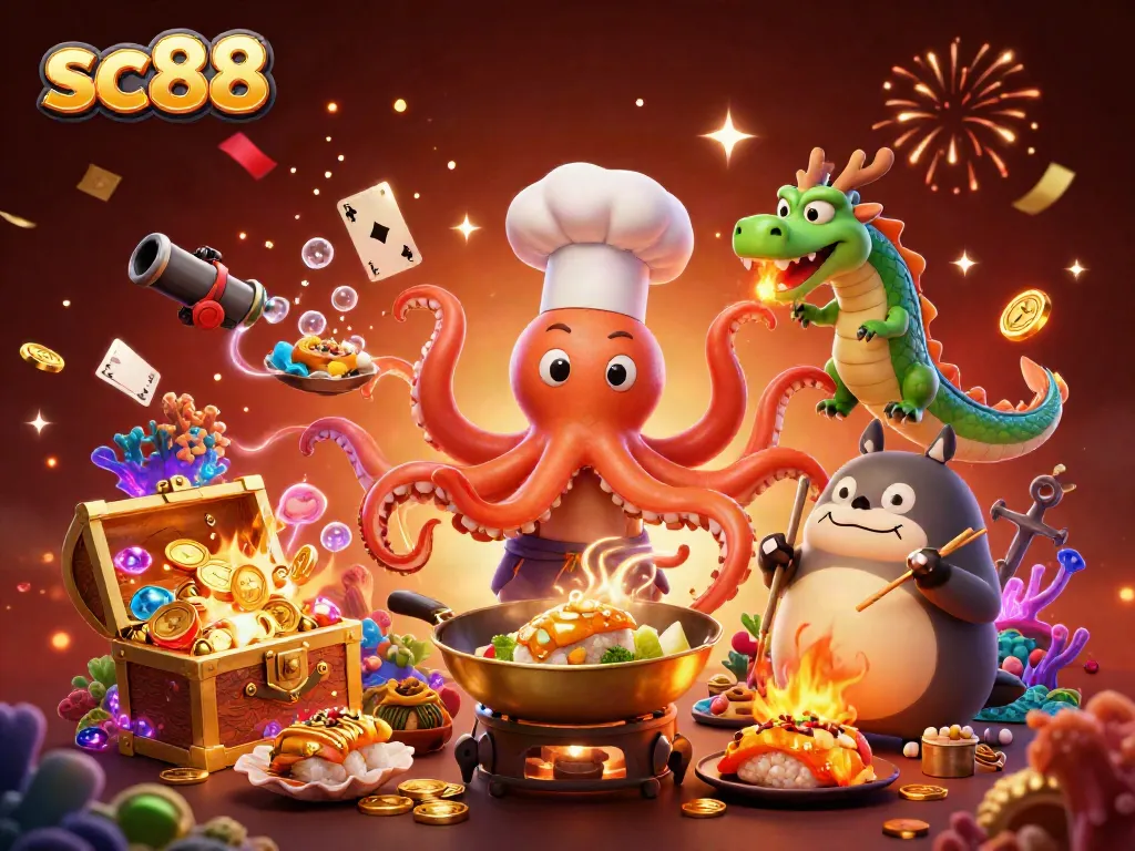 Experience thrilling action with sc88 as a chef octopus prepares dishes and a dragon breathes fire amidst casino treasures.