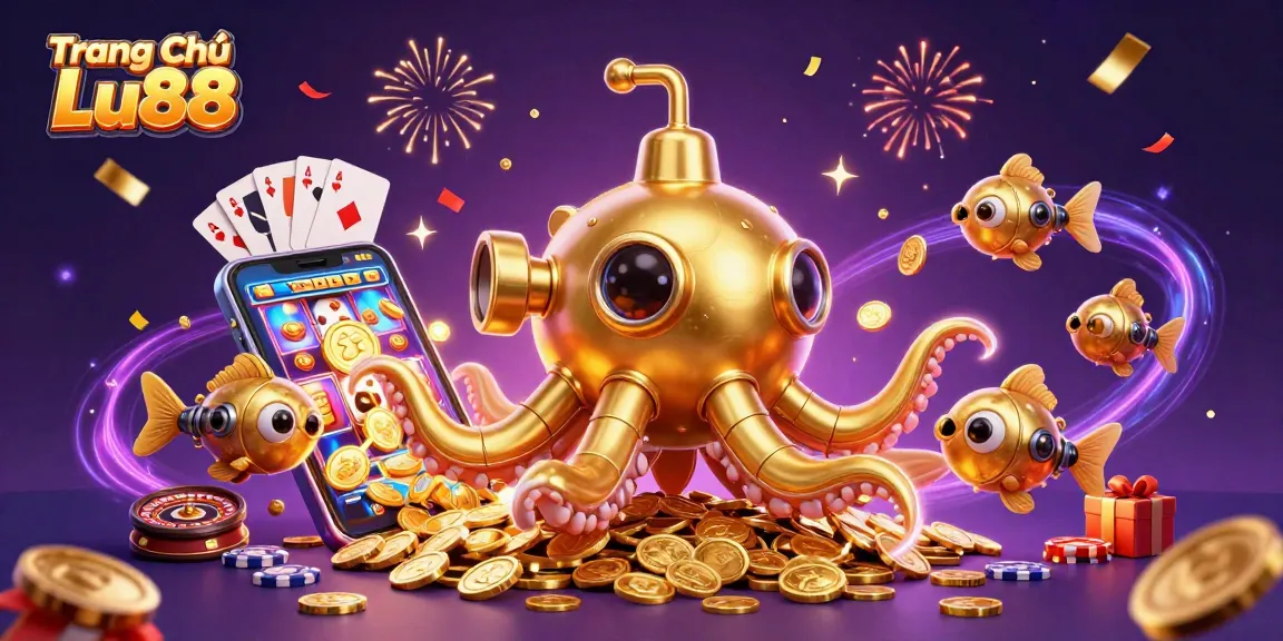 Experience thrilling gameplay at Trang Chủ Lu88 with a golden kraken submarine and vibrant casino icons.