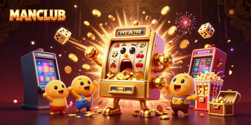 Spin the MANCLUB slot machine for a jackpot of coins in this vibrant casino scene.