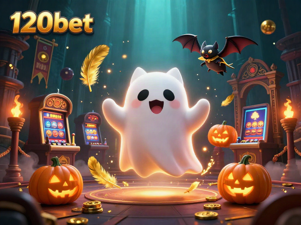 Engage in thrilling gaming at 120bet with a joyful ghost cat and spooky elements in a vibrant casino setting.