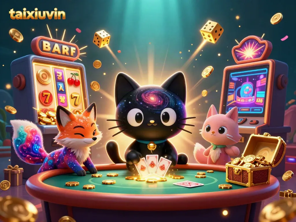Engage in thrilling gameplay at taixiuvin with captivating cat and fox characters at a cosmic casino.