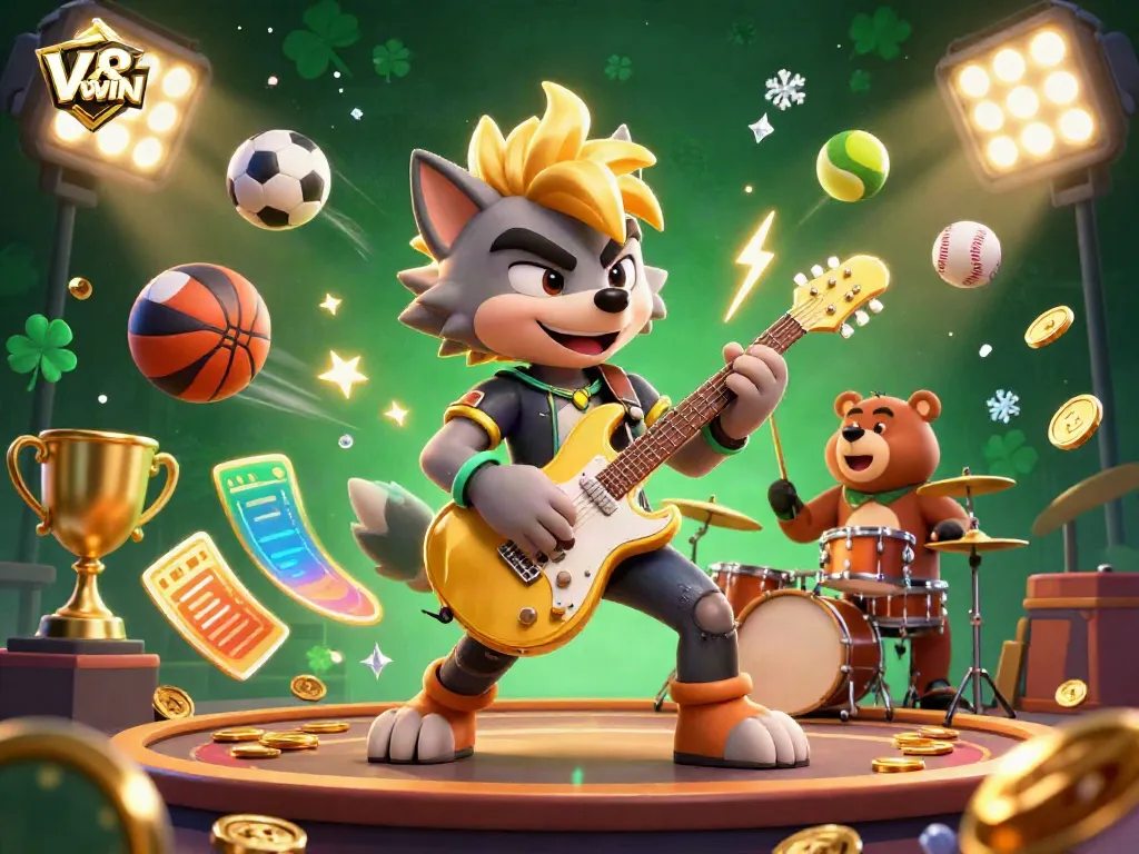 A dynamic gaming scene showcasing V8WIN's rock star wolf and drummer bear, enhancing the casino experience through exciting visuals.