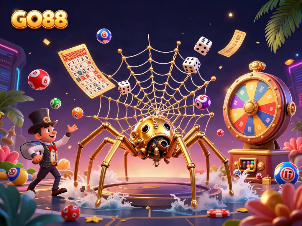 Experience the excitement of GO88 with a lively steampunk spider character in a dynamic casino scene.
