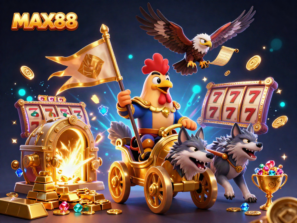Experience the thrill of MAX88 with 3D rooster warlord, gold chariot, and jackpot symbols in vibrant casino scene.