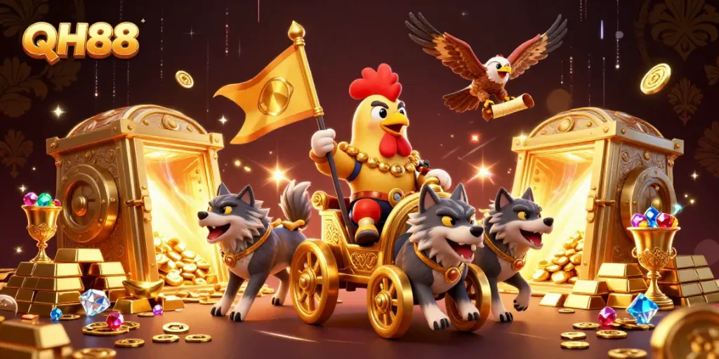 Engage in thrilling gameplay with QH88, featuring a dynamic 3D rooster warlord and treasure.