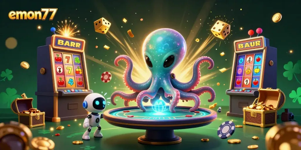 Experience exciting gameplay with EMON77's colorful slot machines and engaging casino elements.