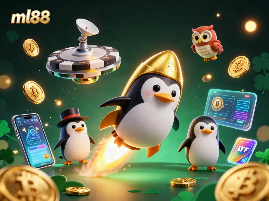 Experience the excitement of ml88 as the golden penguin blasts through space adorned with vibrant casino elements.
