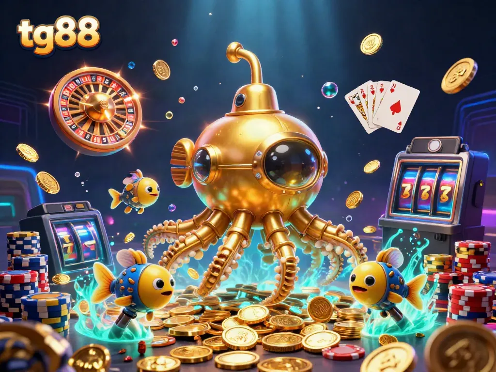 Experience thrilling gameplay at tg88 with a dynamic scene of a golden kraken submarine amidst cascading coins and casino elements.