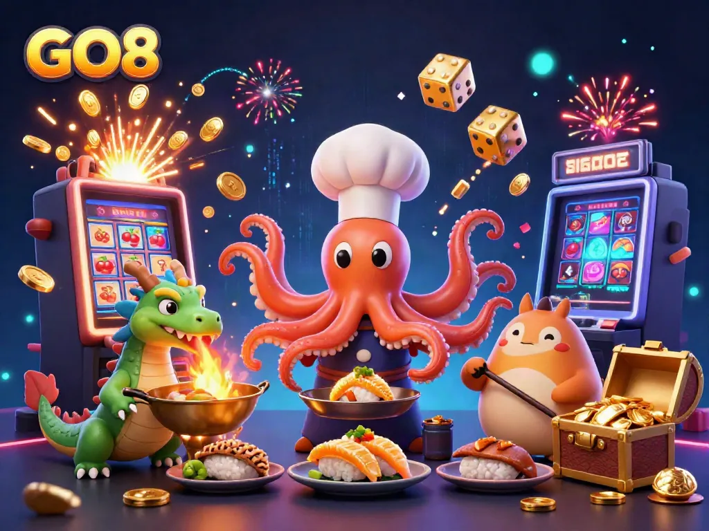 Experience exhilarating wins at GO8 with a dynamic cartoon scene of games, characters, and casino elements.