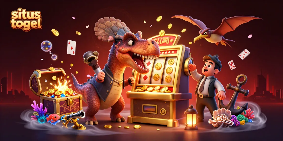 situs togel showcases a colorful scene features a cartoon dinosaur headbutting a jackpot slot machine amidst flying coins