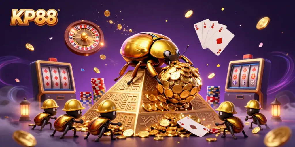 Experience thrilling gameplay at KP88, where massive golden beetles roll in a vibrant casino world.
