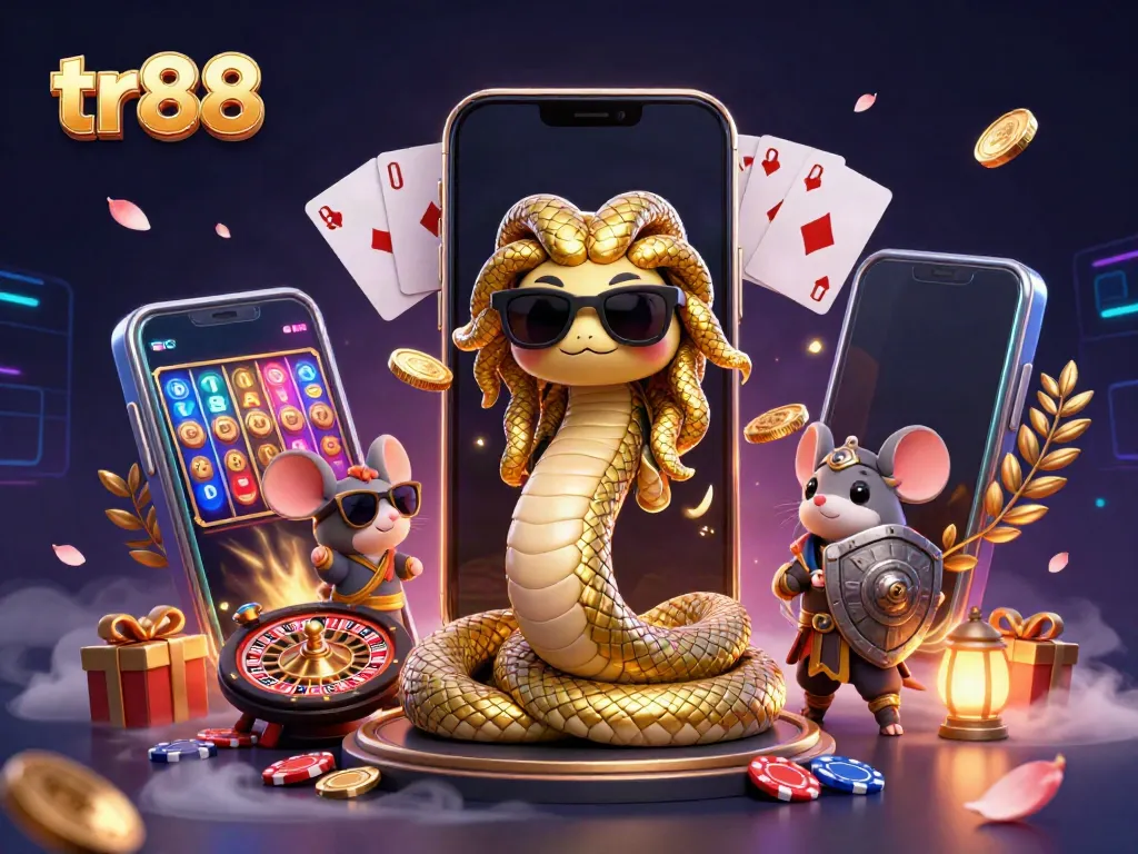 Spinning the reels in tr88, Medusa and a warrior mouse celebrate wins with festive casino elements.