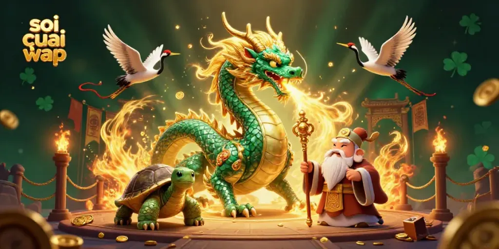 Soi cầu wap engaging illustration showcasing mythical dragon and turtle sage in dynamic gambling scene.