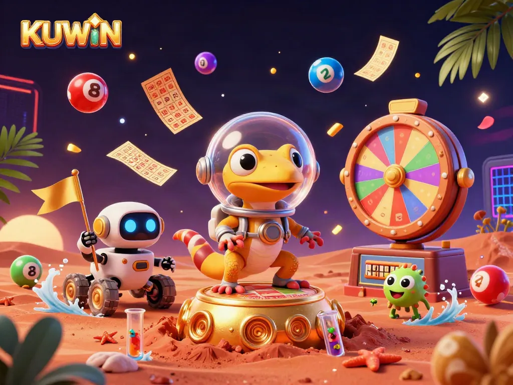 KUWIN offers a vibrant casino scene with a Martian gecko discovering treasures amidst dynamic game elements.