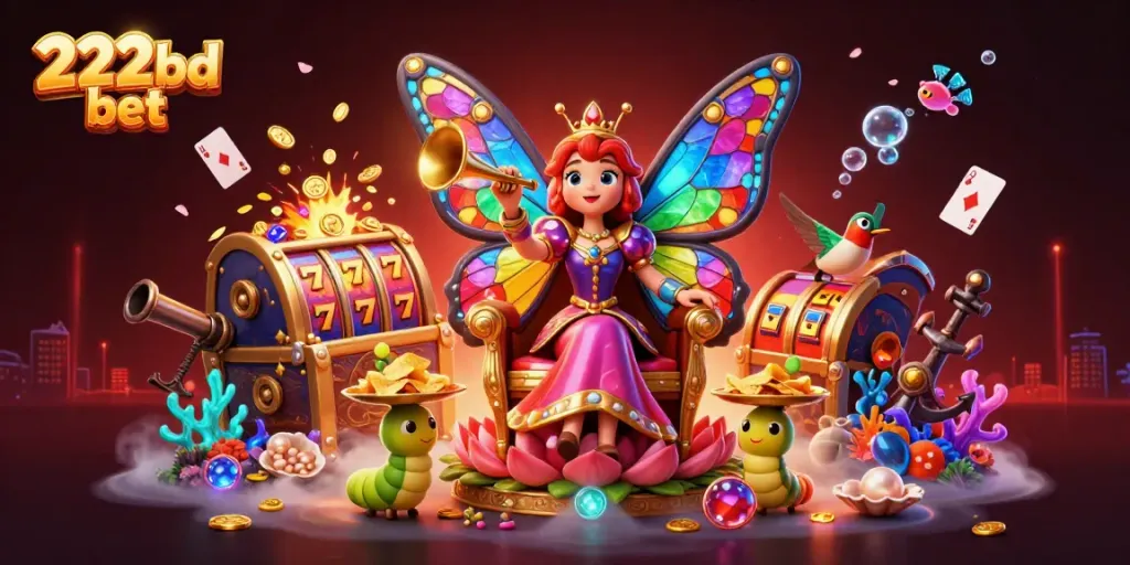 Engage with thrilling 222bd bet slots featuring a vibrant cartoon scene with a butterfly queen.