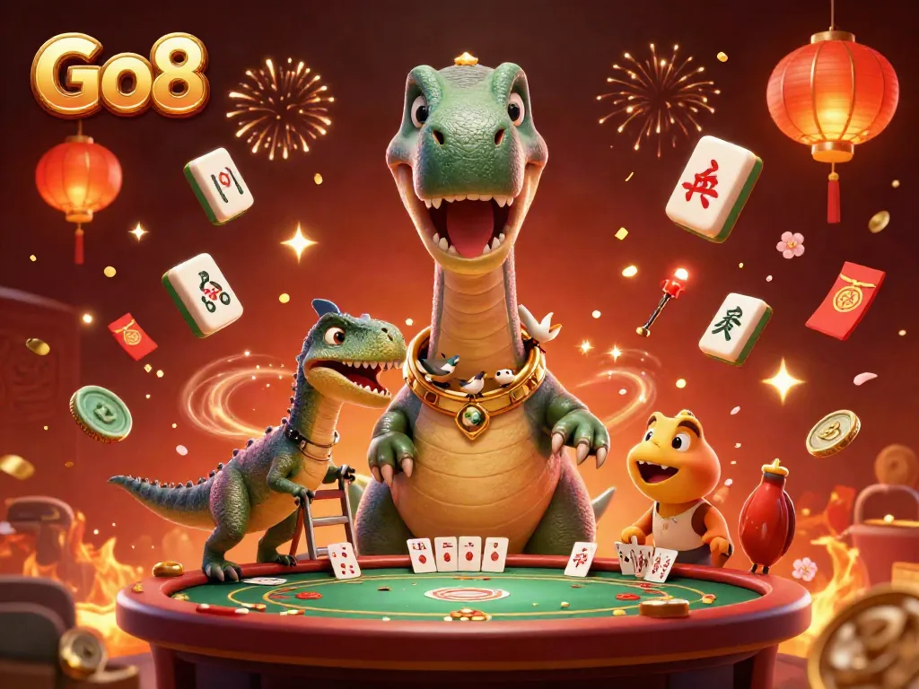 Engage in thrilling slots at Go8, featuring a playful brontosaurus overseeing a lively casino scene.