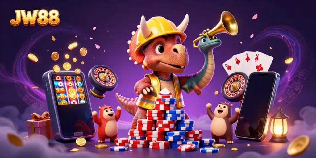 Celebrate JW88's vibrant casino atmosphere with a lively triceratops building poker chips while surrounded by jubilant game elements.