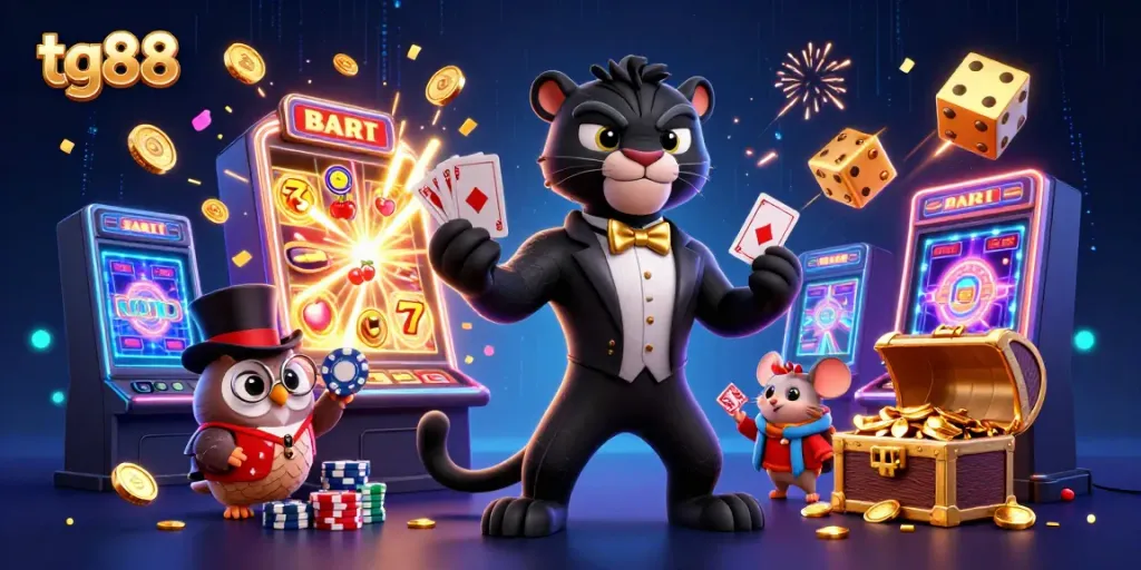 tg88's lively casino scene showcases a stylish panther dealing cards, vibrant slot machine explosion, and engaging characters.