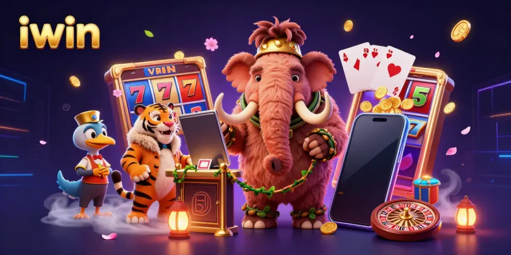 Engaging scene at iwin casino featuring a woolly mammoth bouncer, saber-toothed tiger VIP, and dodo bird doorman amid vibrant slot game elements.