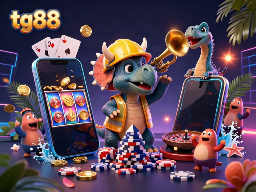 Experience thrilling gaming with tg88 as a triceratops builds poker chip pyramids, celebrating in vibrant style.