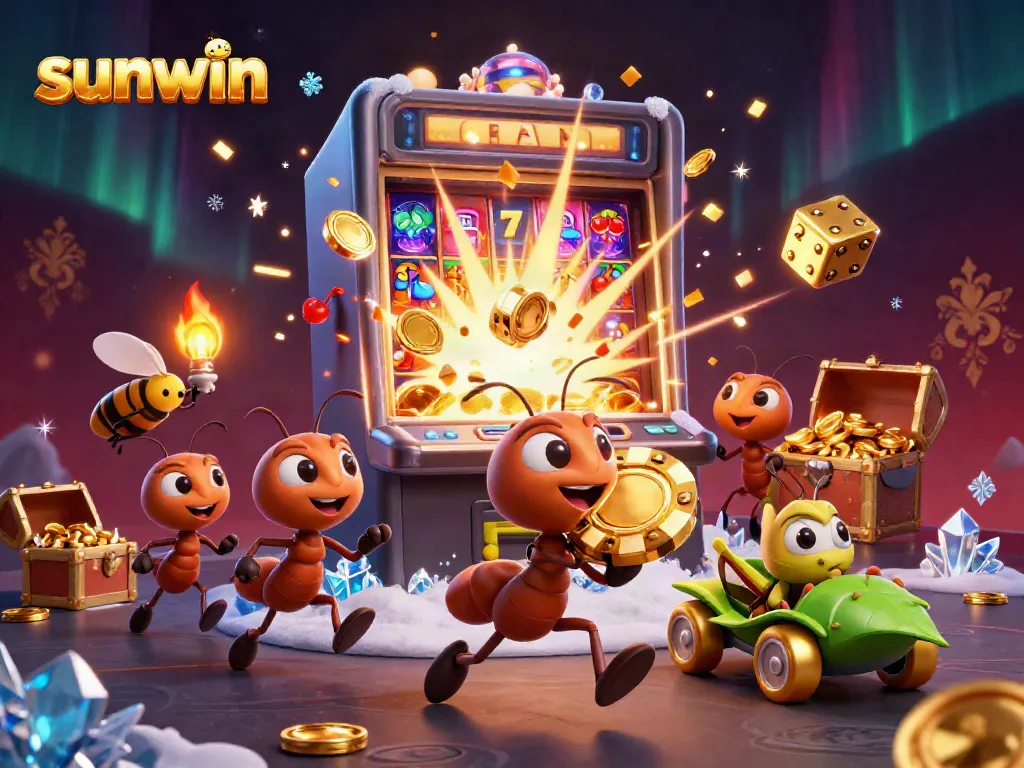 Sunwin heist scene with ants hauling giant poker chip in a vibrant online casino setting.