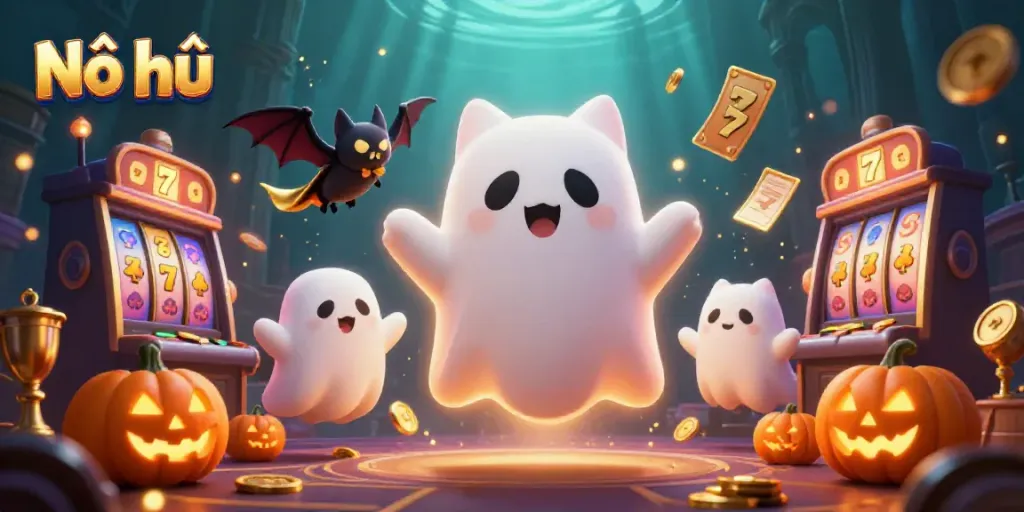 Nổ hũ engaging gaming experience illustrated with a ghost cat and vampire bat in a casino.
