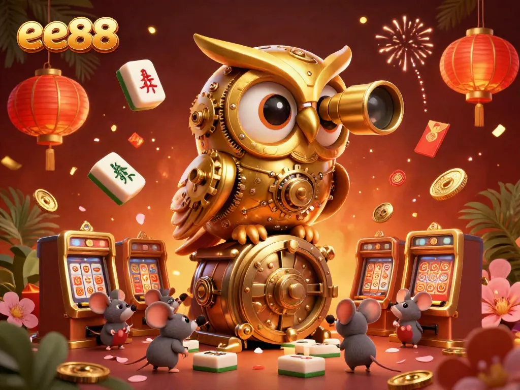 Engage with the lively atmosphere of ee88 as a golden owl overlooks a bustling casino scene rich with vibrant elements.