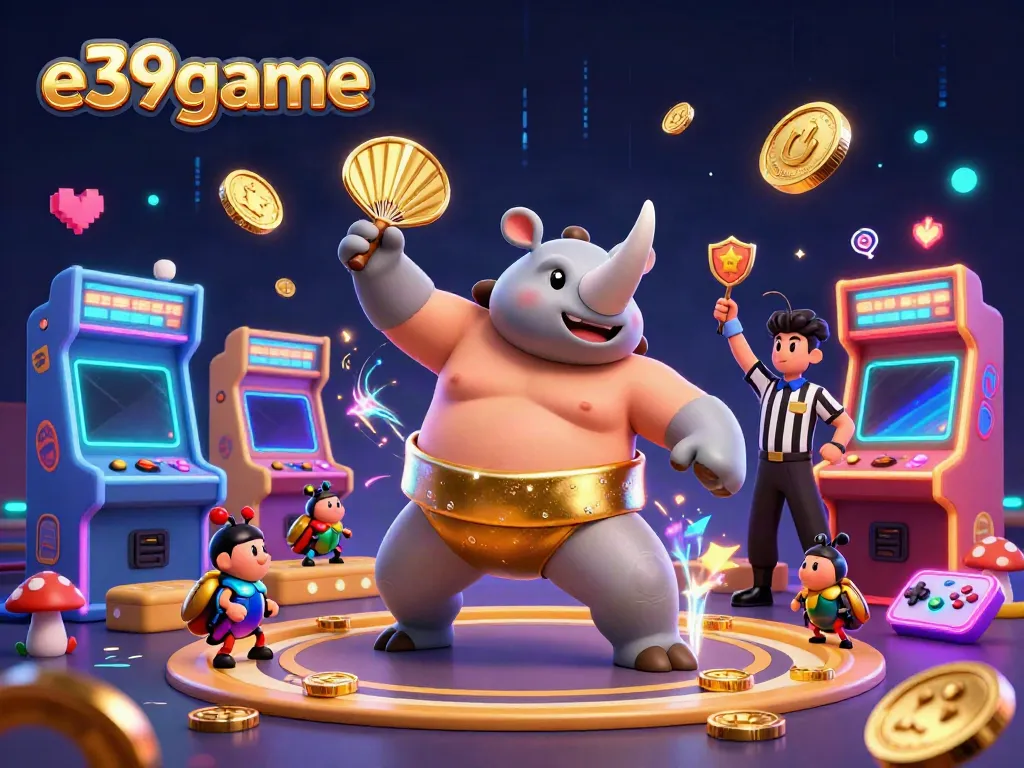Witness the e39game rhinoceros beetle sumo champion in action, surrounded by vibrant casino game elements.