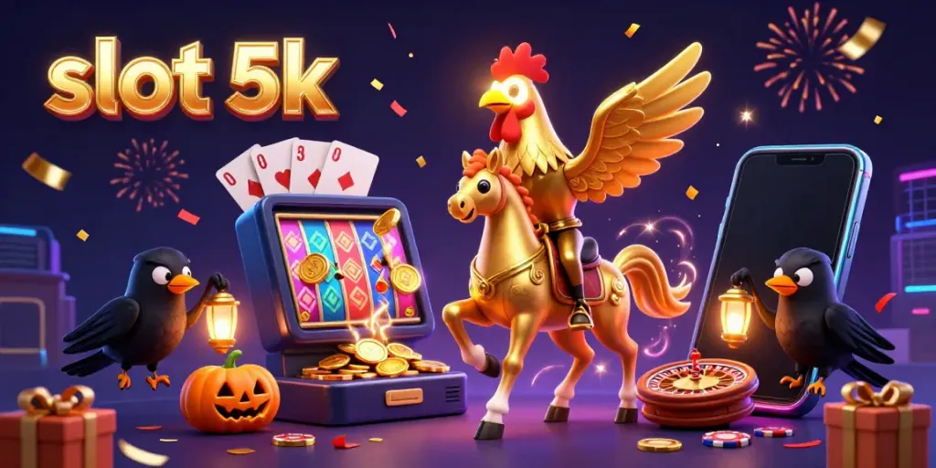 Engage in thrilling gameplay with slot 5k as golden rooster characters navigate a vibrant casino scene.