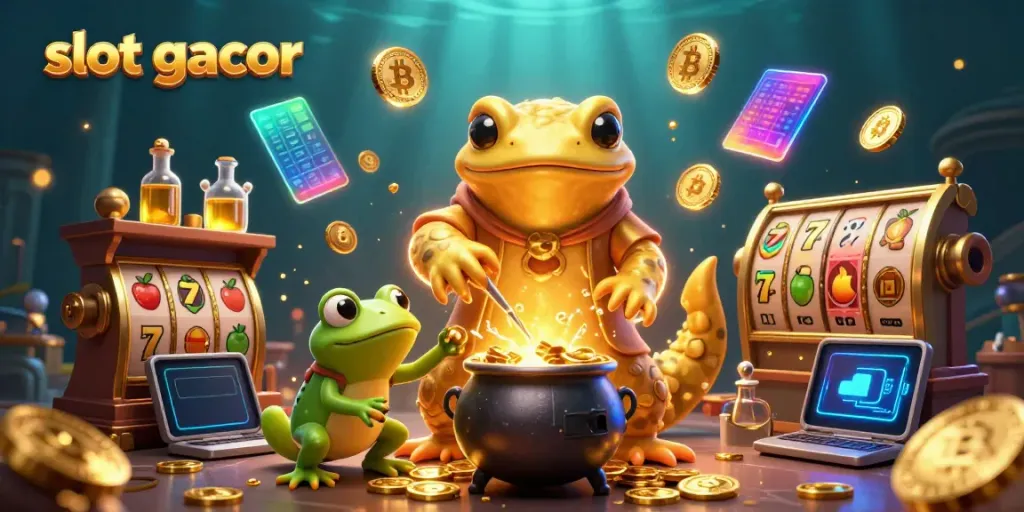 Slot gacor yang menarik dengan ilustrasi alkemis menghasilkan koin emas di laboratorium.