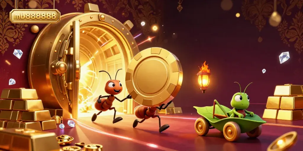 Experience the excitement of mb888888 as cartoon ants carry a giant poker chip through a dynamic casino tunnel.