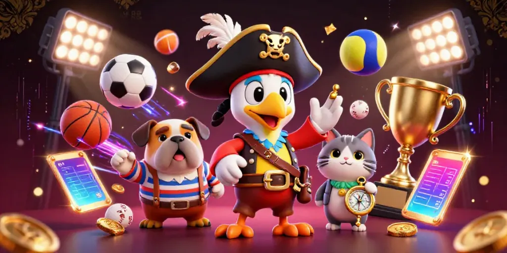 Engage with AO 88's vibrant casino scene showcasing a pirate captain, bulldog, and cat amidst exciting sports betting elements.