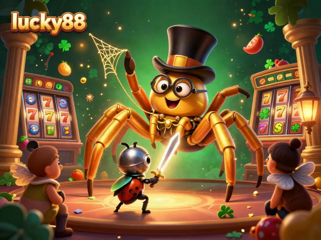 Experience thrilling gameplay at lucky88 with a captivating 3D illustration of a golden tarantula weaving golden webs amidst vibrant slot reels.