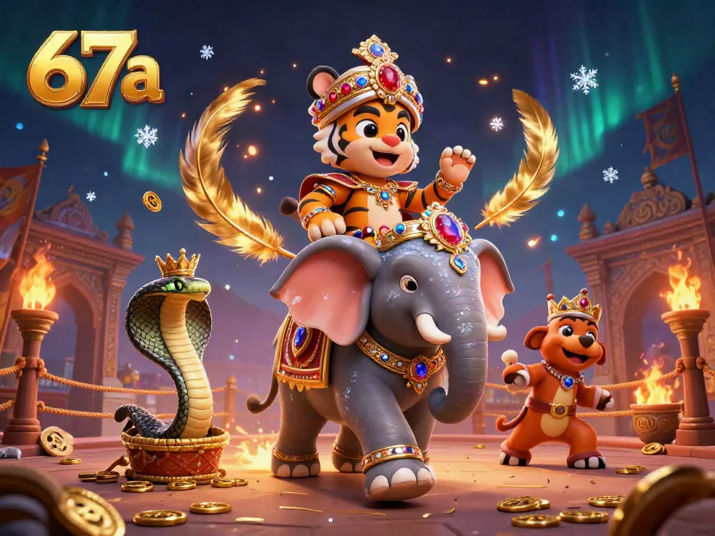 Engage with 67a's dynamic casino adventure featuring a maharaja tiger, jewel elephant, and cobra amidst gold coins.
