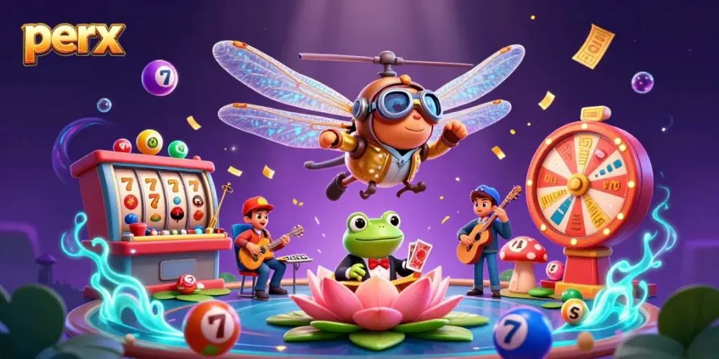 Engage with the vibrant perx gambling scene featuring a dragonfly pilot and frog croupier in a dynamic casino atmosphere.