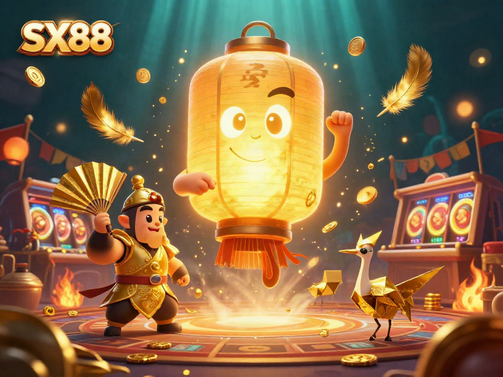 SX88 captures the excitement of spinning slots amidst a vibrant casino scene filled with golden elements.