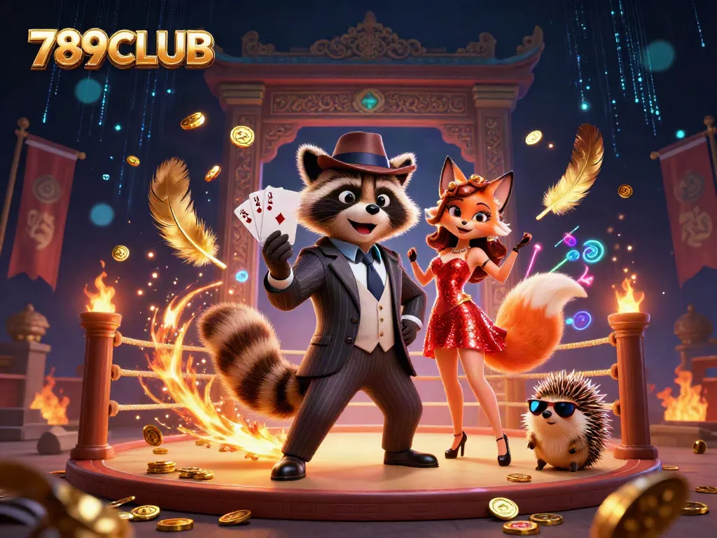Experience the excitement of 789CLUB with a dynamic illustration showcasing a raccoon, fox lady, and hedgehog bouncer amidst vibrant casino elements.