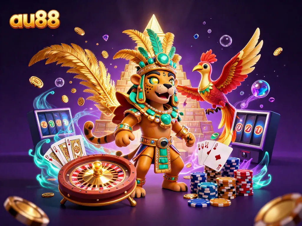 Engage with thrilling gameplay at au88 featuring dynamic elements of casino, including golden coins, roulette, and vibrant slot machines.