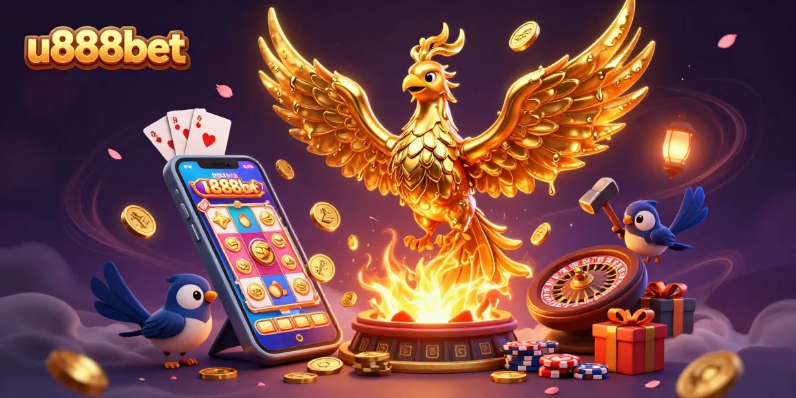 Win big at u888bet with exciting slot games depicted by a golden phoenix and vibrant gaming elements.