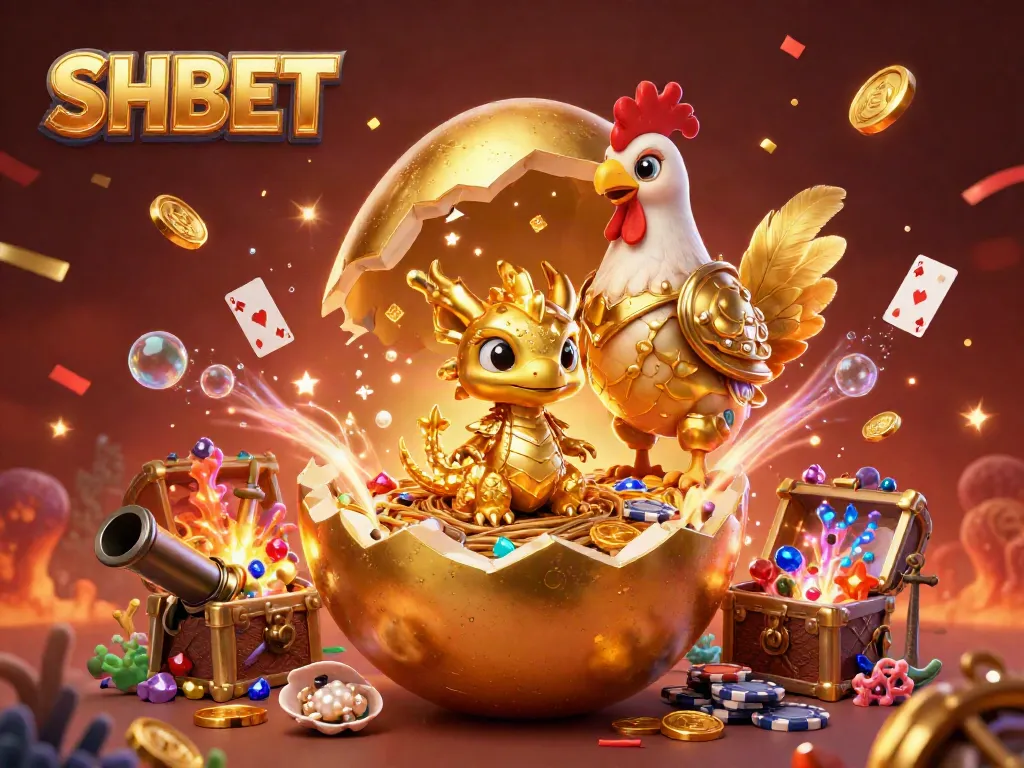 Engage in thrilling bets with SHBET as a golden dragon emerges from a treasure-filled scene.