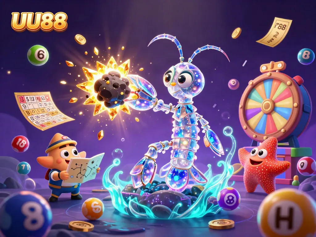 Engage with the vibrant UU88 universe, where a galactic mantis shrimp strikes through an asteroid, raining gems in a colorful lottery atmosphere.